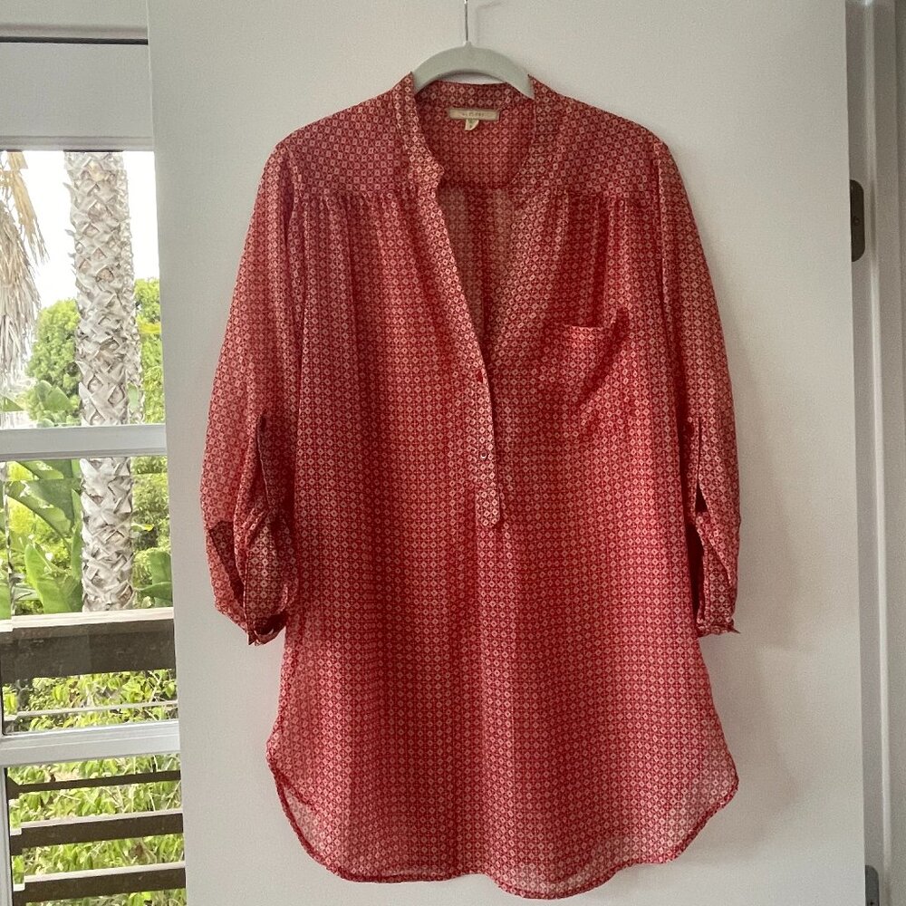 Anthropologie‎ Pleione Red V-Neck Blouse with Tie-UP Sleeves, Size Small